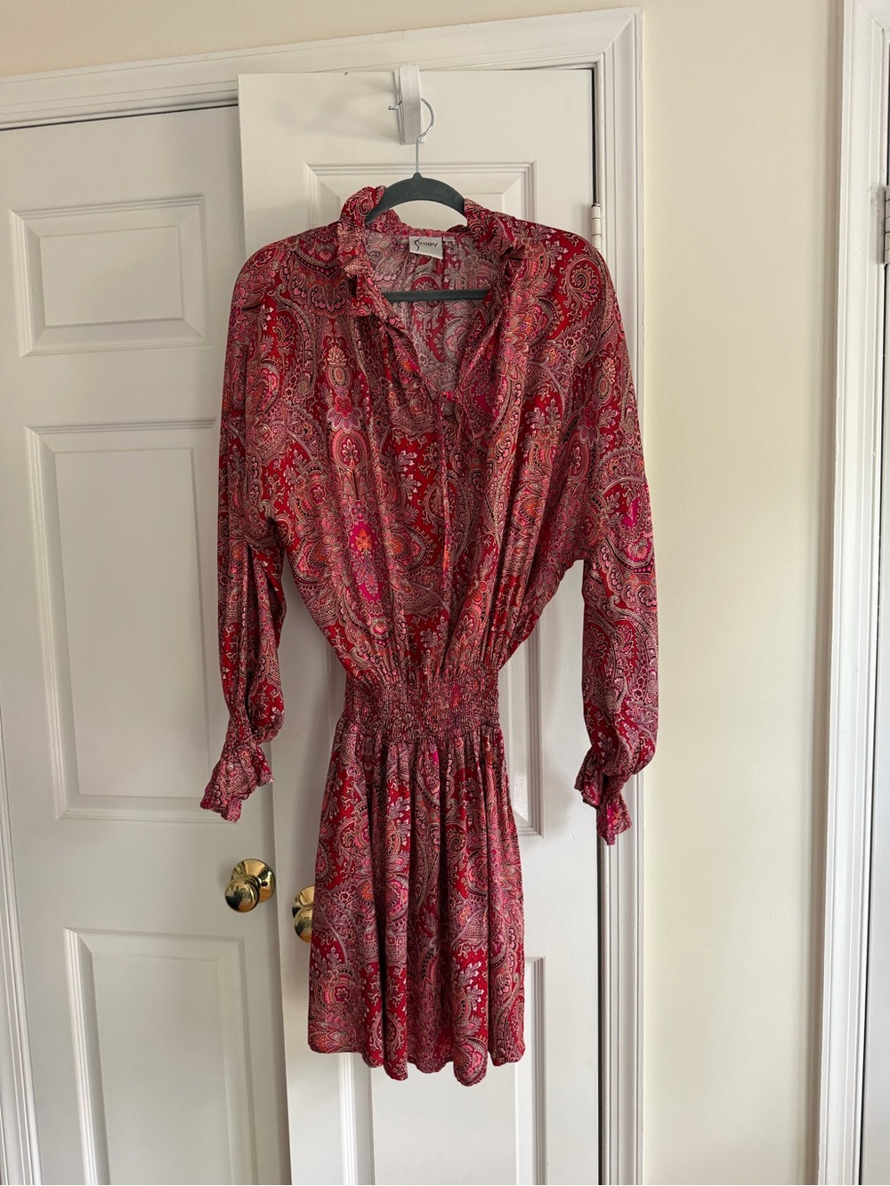Finley Red Pink Paisley Smocked Waist Mini Dress Size M Made in USA